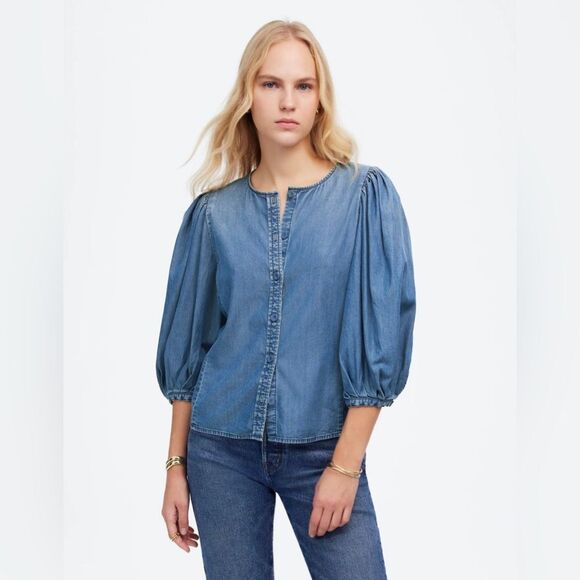 NWT Madewell Denim Puff-Sleeve Button-Up Top Size 12 - Picture 5 of 13